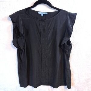ANTONIO MILANI Black Silk Flutter Sleeve Button Neck Blouse Top Women's‎ SZ L